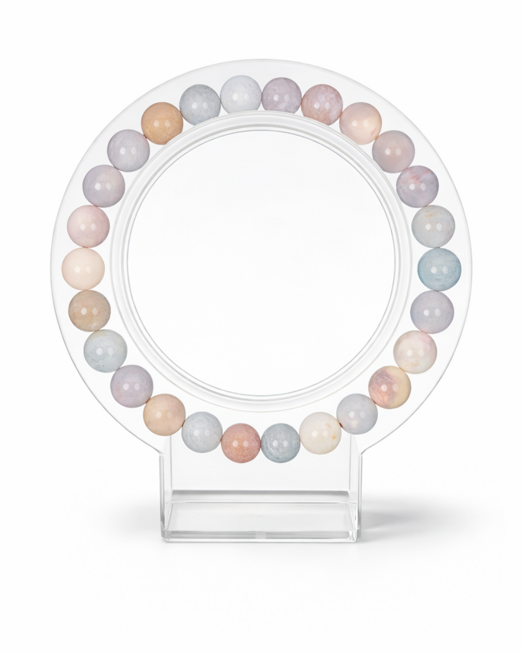 Amelia Jane Handmade Creations 7-inch morganite beaded bracelet featuring soft pastel gemstone spheres on a display
