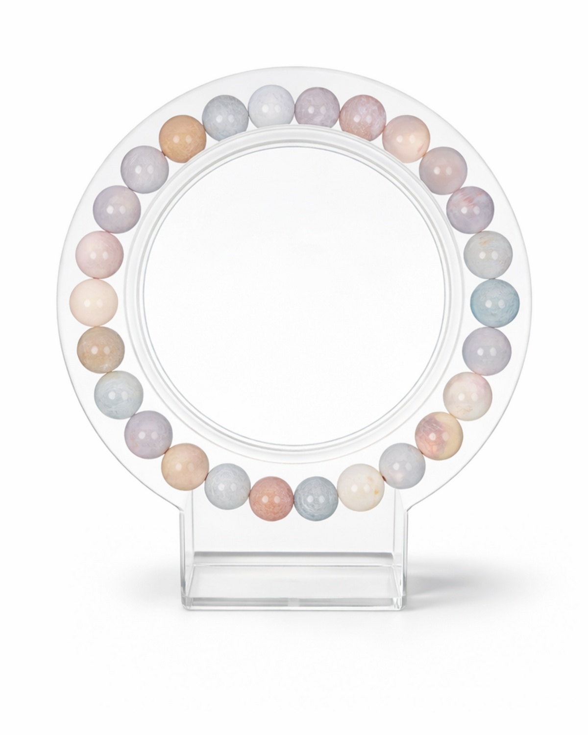 Amelia Jane Handmade Creations 7-inch morganite beaded bracelet featuring soft pastel gemstone spheres on a display
