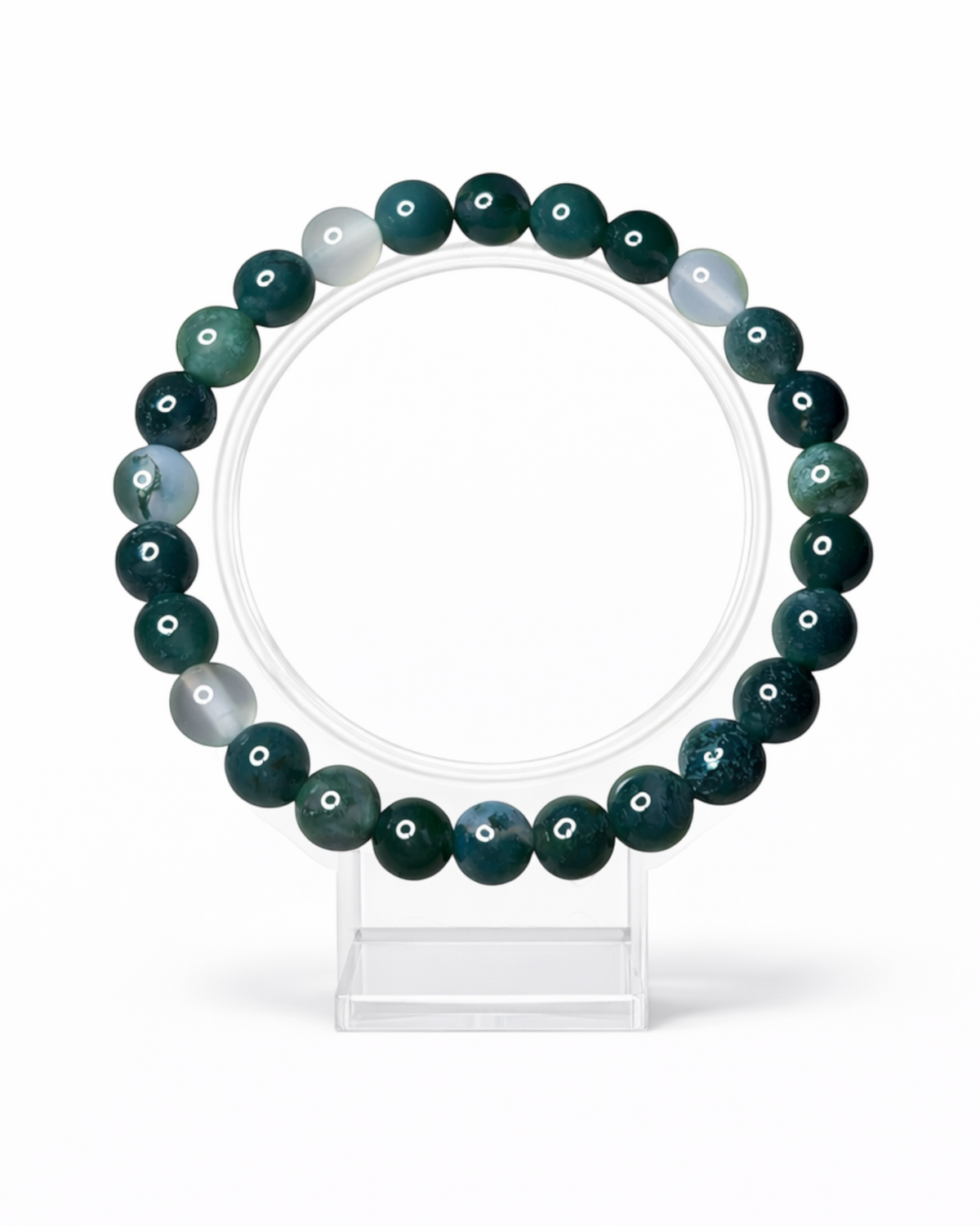 Amelia Jane Handmade Creations 7-inch moss agate beaded bracelet with natural green and translucent stone patterns