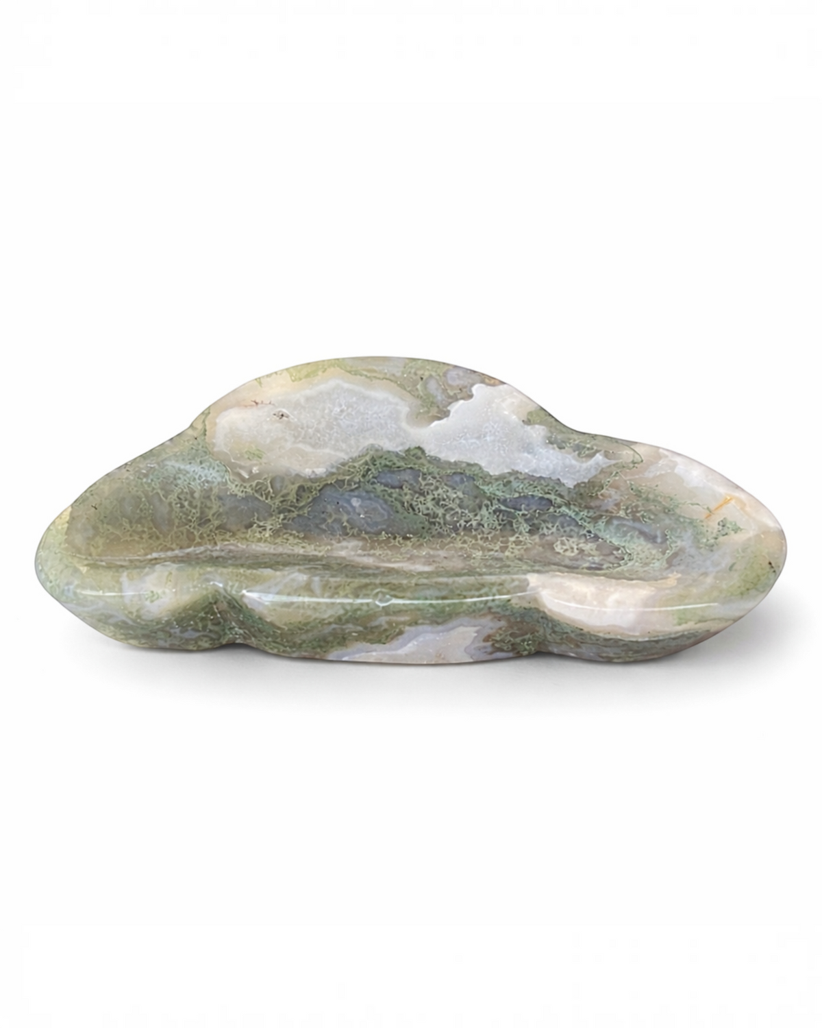 Amelia Jane Handmade Creations polished moss agate bowl with green inclusions, earthy banding, and organic shape.