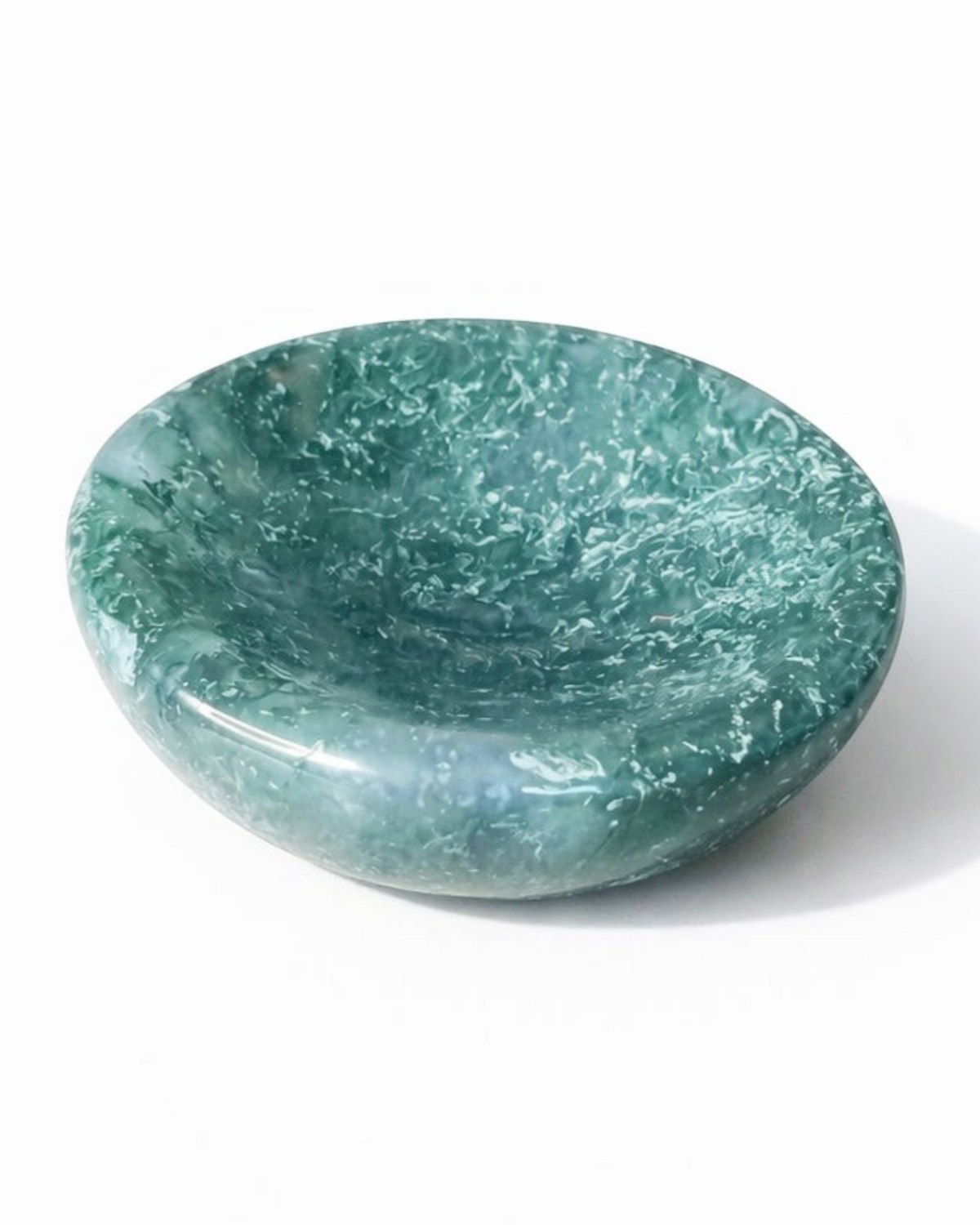 Amelia Jane Handmade Creations polished moss agate bowl with green and white natural stone patterns