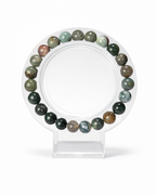 Amelia Jane Handmade Creations 7-inch moss agate beaded bracelet featuring natural green and brown gemstone spheres.