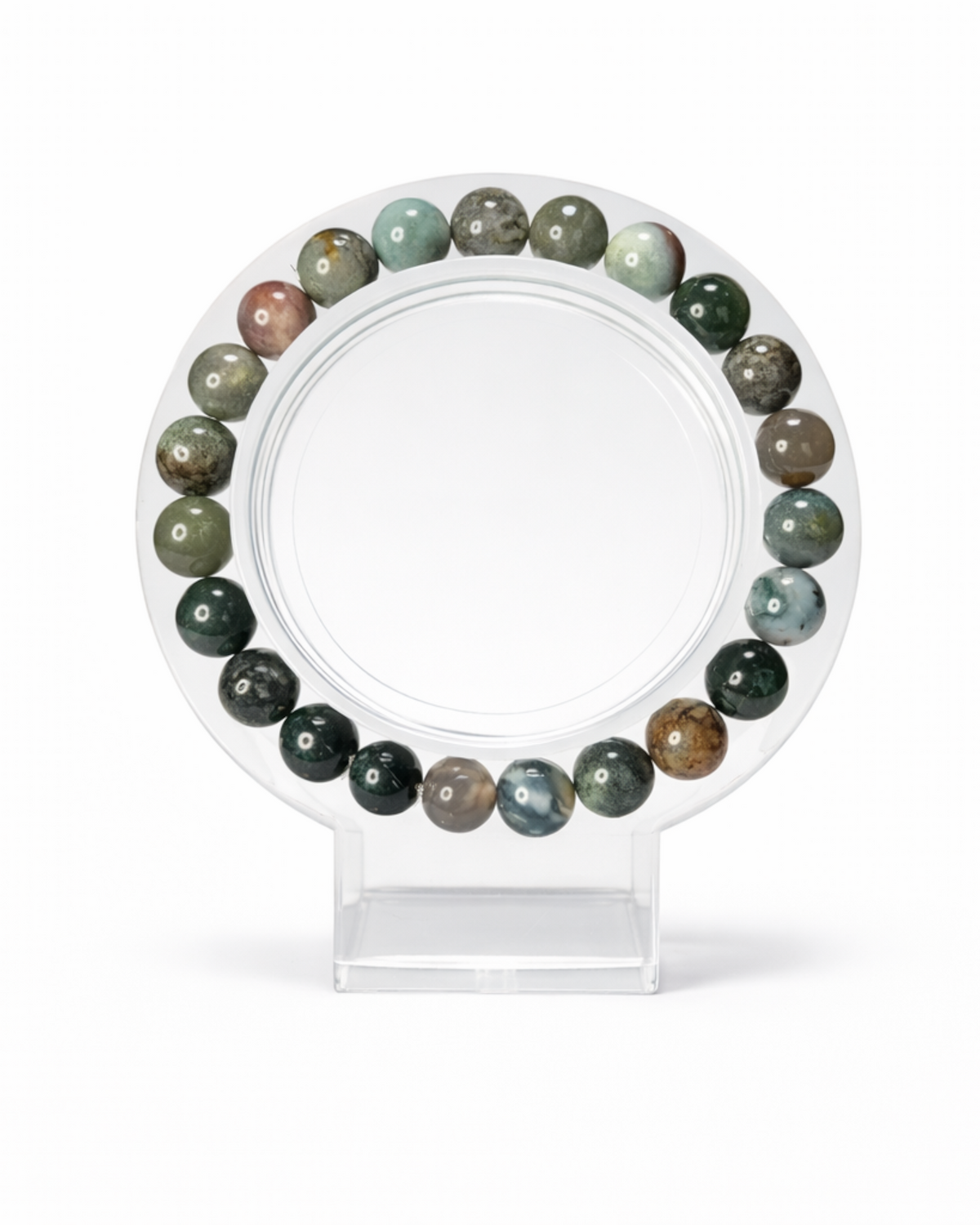 Amelia Jane Handmade Creations 7-inch moss agate beaded bracelet featuring natural green and brown gemstone spheres.