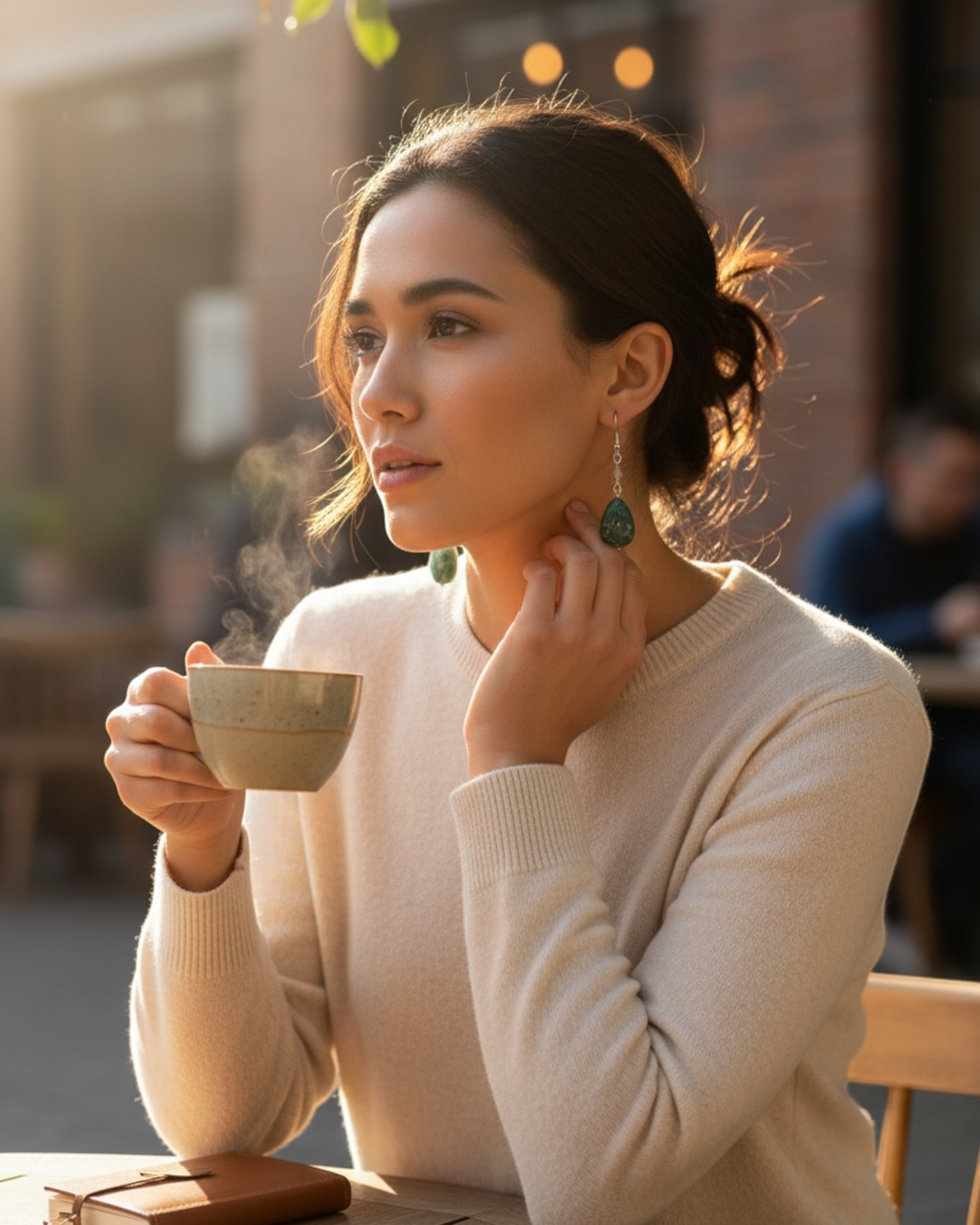 Amelia Jane Handmade Creations moss agate drop earrings with S925 posts worn by a woman holding a steaming coffee cup.