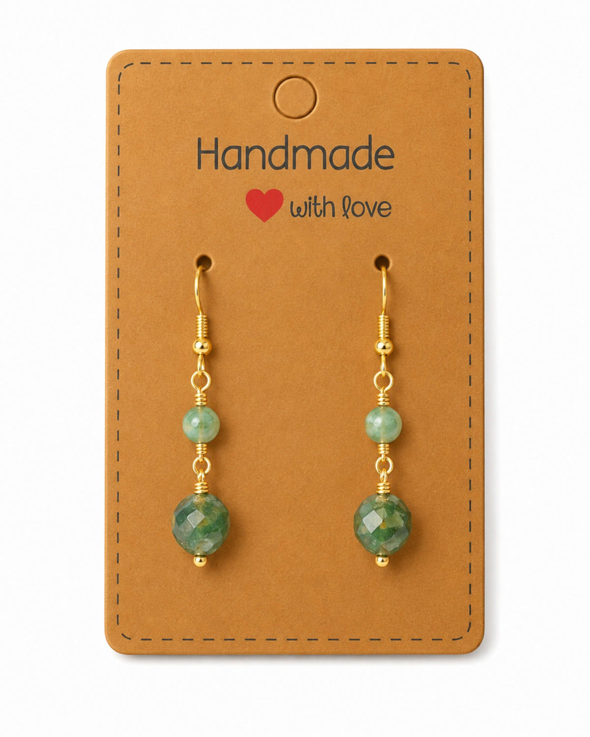 Amelia Jane Handmade Creations moss agate drop earrings with gold s925 posts on a display card