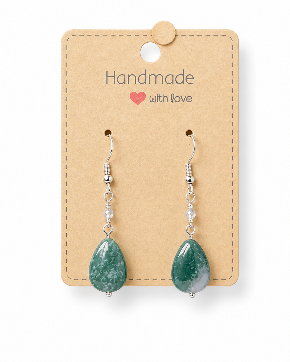 Amelia Jane Handmade Creations moss agate teardrop earrings with S925 silver posts on a display card