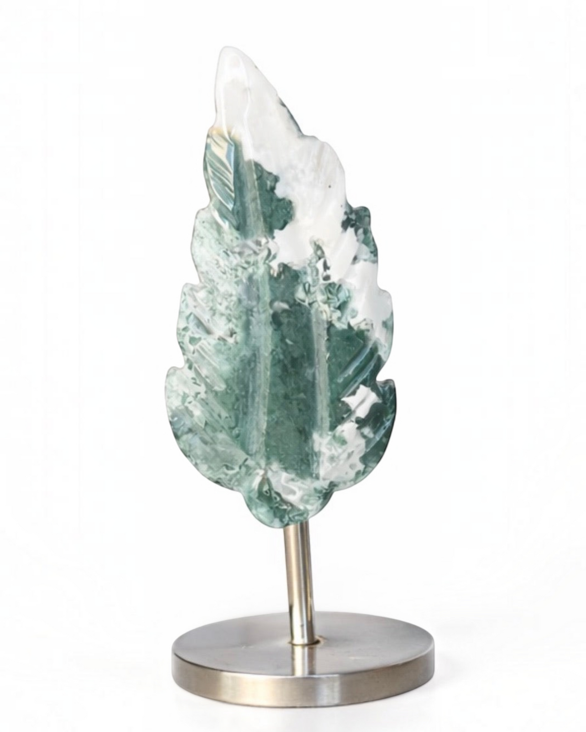 Amelia Jane Handmade Creations moss agate carved feather on a metal stand with green and white stone inclusions