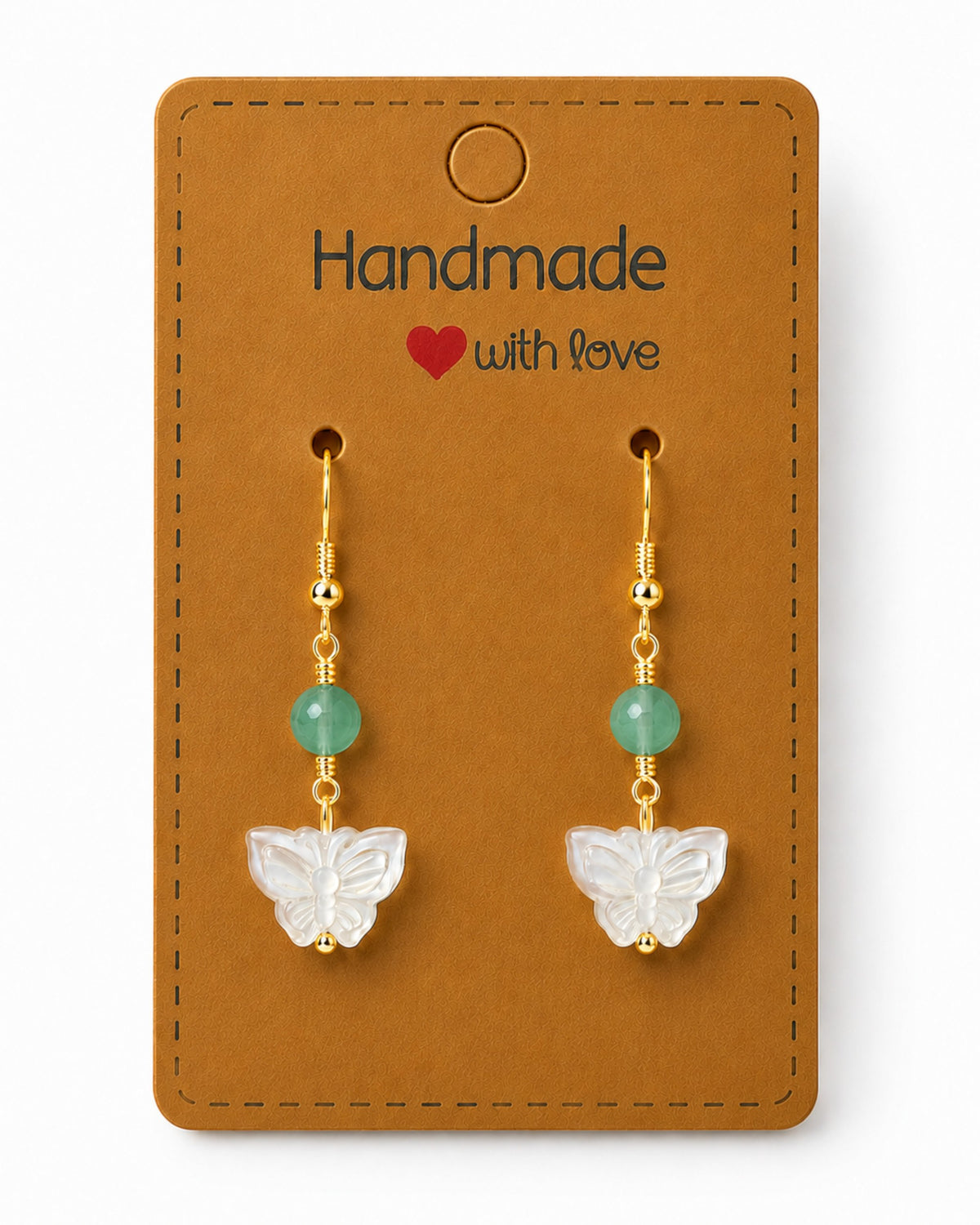 Amelia Jane Handmade Creations butterfly earrings with mother of pearl, green beads, and gold s925 posts on a card.