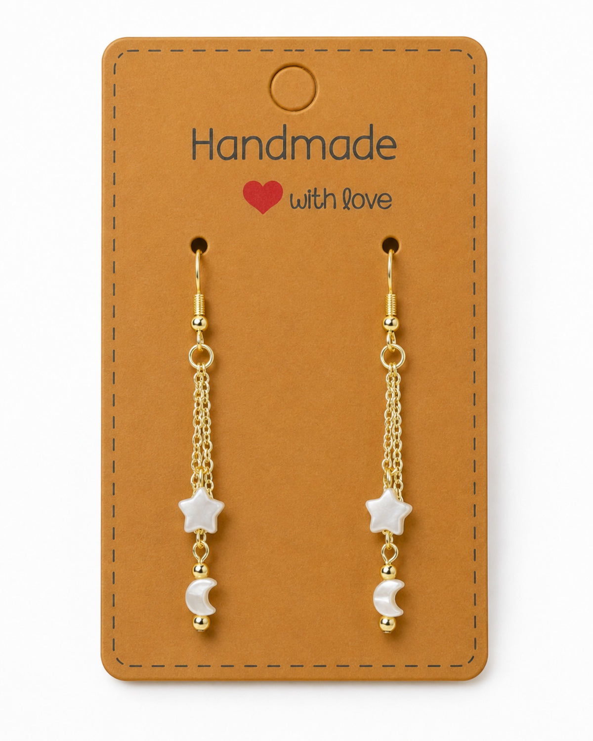Amelia Jane Handmade Creations celestial dangle earrings featuring mother of pearl stars and moons on gold chains