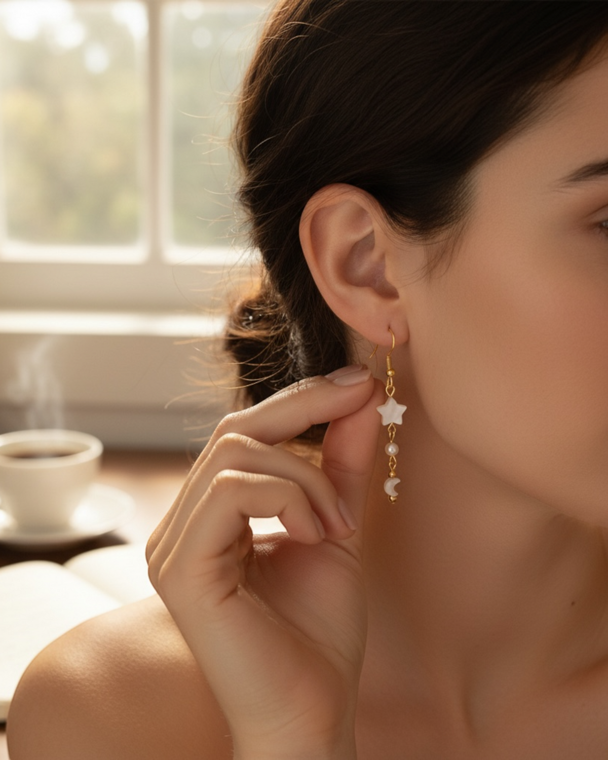Amelia Jane Handmade Creations celestial earrings featuring mother of pearl star and moon charms on s925 gold posts