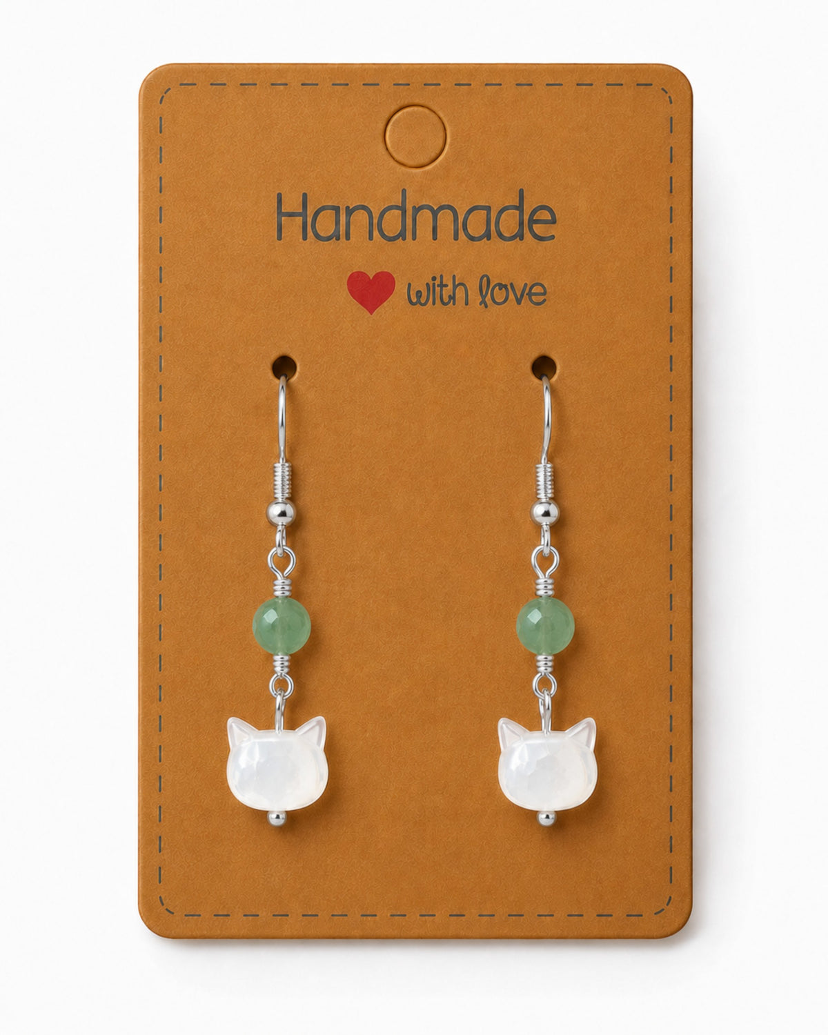 Amelia Jane Handmade Creations mother of pearl kitty earrings with green beads and s925 silver posts on display card