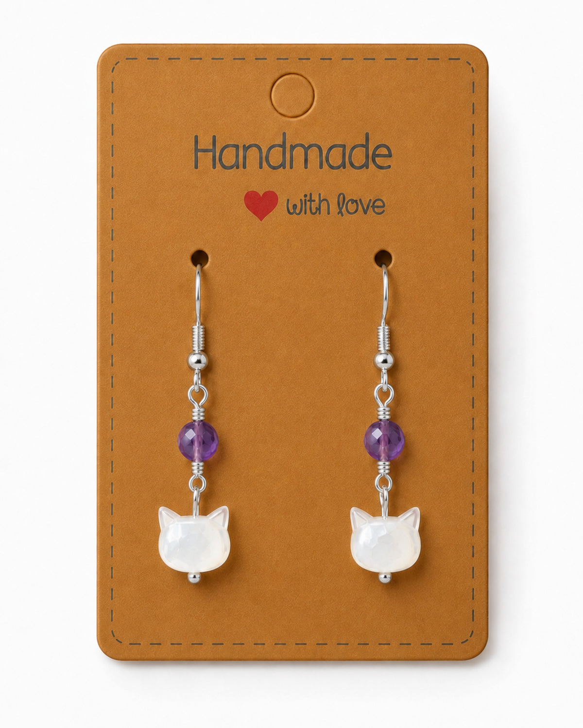 Amelia Jane Handmade Creations mother of pearl kitty cat earrings with purple gemstone beads and s925 silver posts