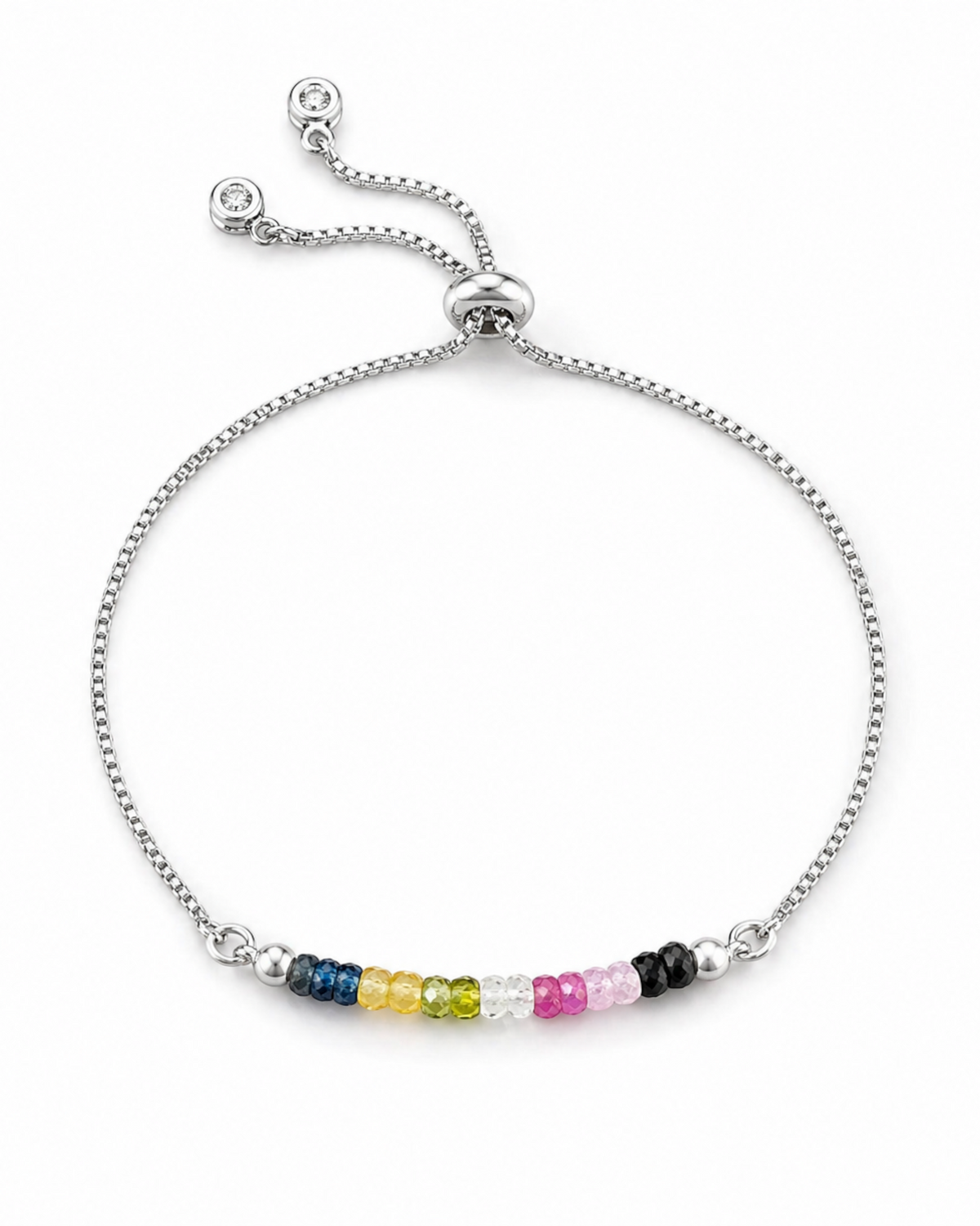 Amelia Jane Handmade Creations adjustable bracelet with multi-color zircon beads on a delicate silver chain