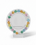 Amelia Jane Handmade Creations 7-inch multi-colored selenite bead bracelet displayed on a clear circular stand