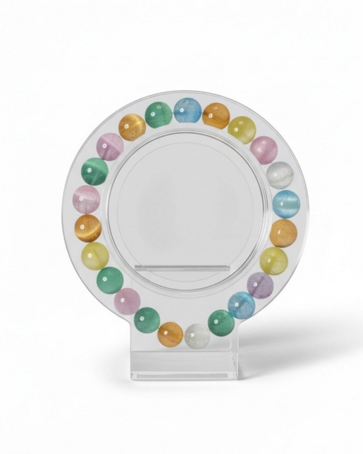 Amelia Jane Handmade Creations 7-inch multi-colored selenite bead bracelet displayed on a clear circular stand