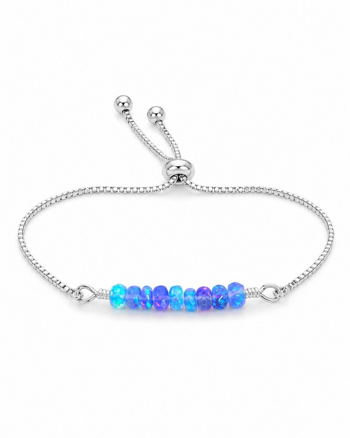 Amelia Jane Handmade Creations adjustable bracelet with genuine purple and blue Ethiopian opals on silver plated chain