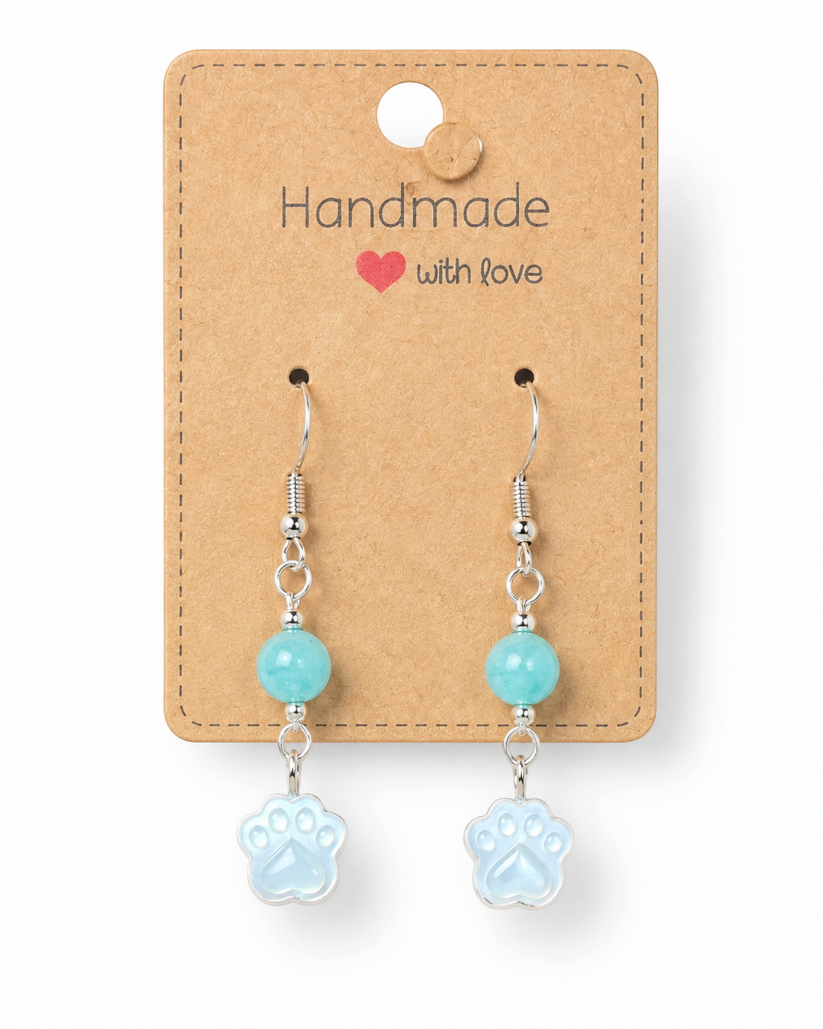 Amelia Jane Handmade Creations paw print earrings with mother of pearl, amazonite beads, and S925 silver posts.