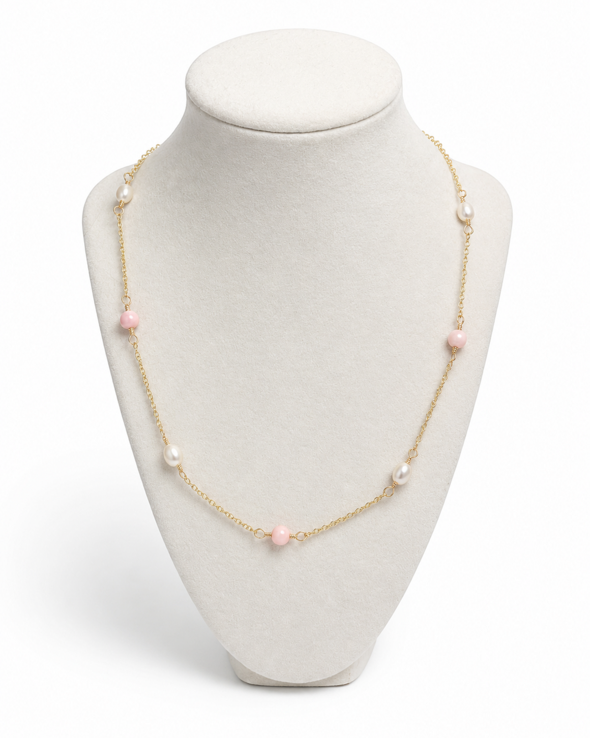 Amelia Jane Handmade Creations 18-inch station necklace featuring pink conch beads and white freshwater pearls on 14K gold