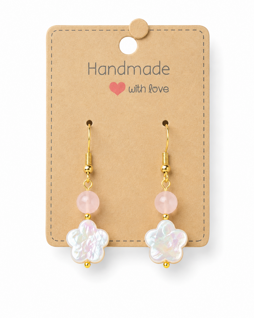 Amelia Jane Handmade Creations flower earrings with freshwater pearls, rose quartz beads, and S925 gold-tone posts.