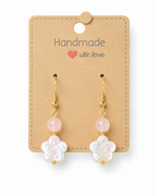 Amelia Jane Handmade Creations flower earrings with freshwater pearls, rose quartz beads, and S925 gold-tone posts.