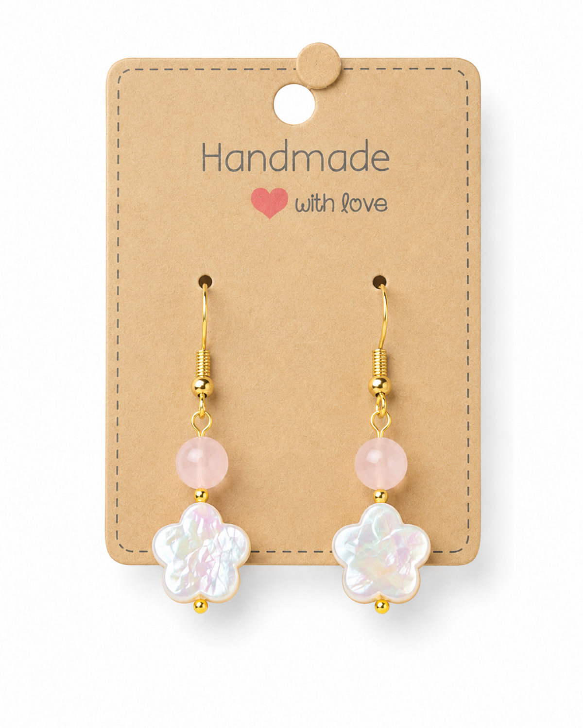 Amelia Jane Handmade Creations flower earrings with freshwater pearls, rose quartz beads, and S925 gold-tone posts.