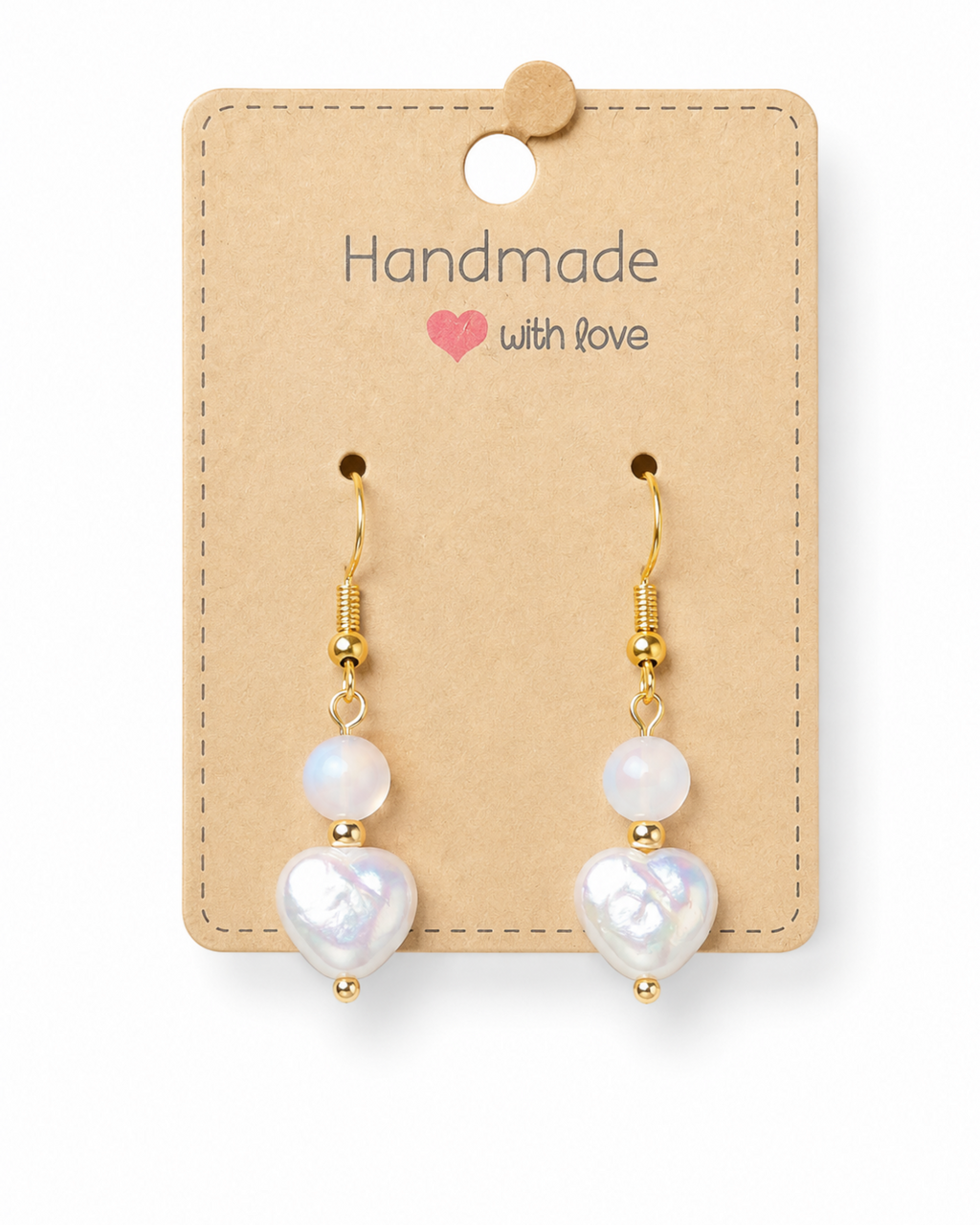 Amelia Jane Handmade Creations heart-shaped freshwater pearl and moonstone drop earrings with S925 gold-tone posts.