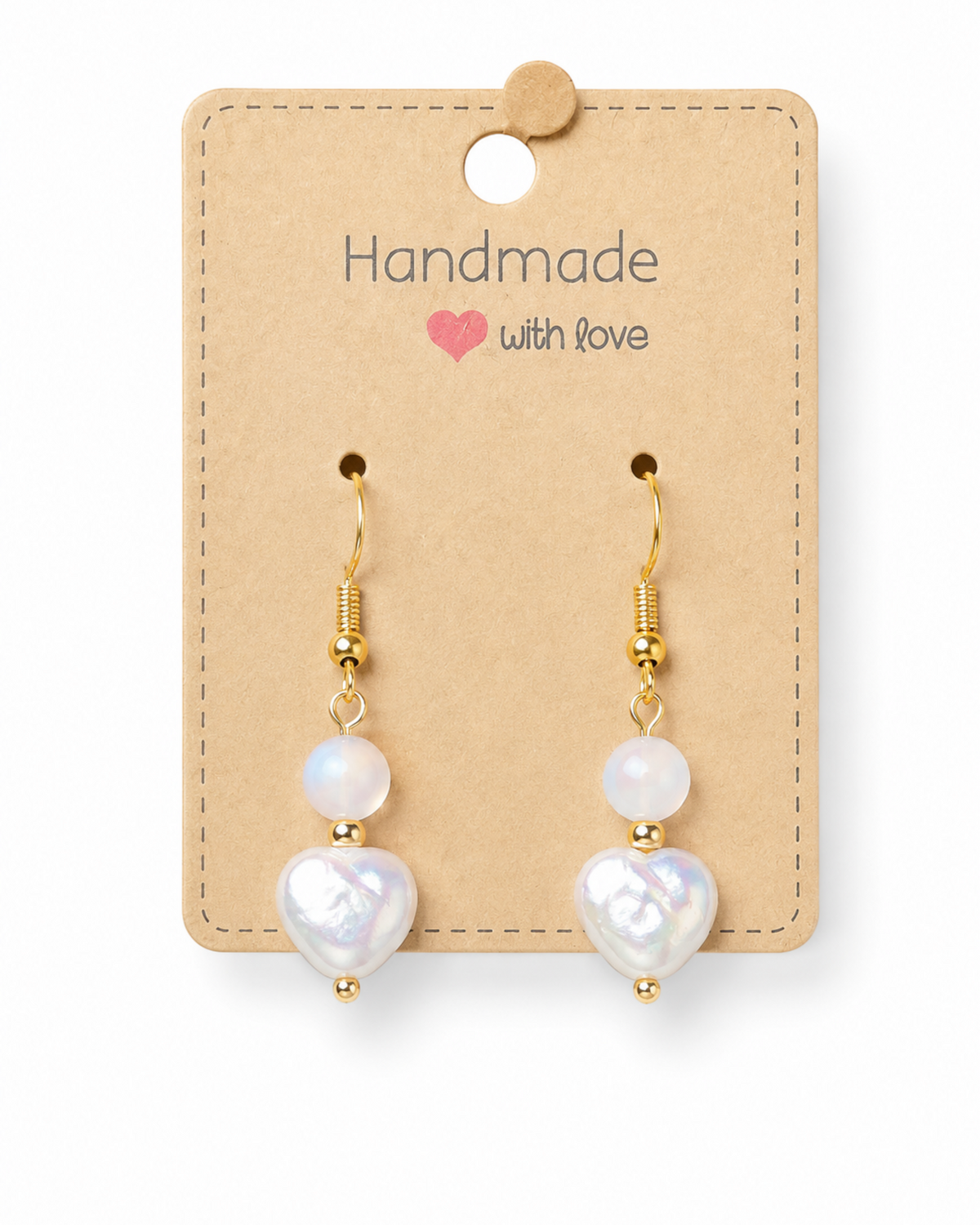 Amelia Jane Handmade Creations heart-shaped freshwater pearl and moonstone drop earrings with S925 gold-tone posts.
