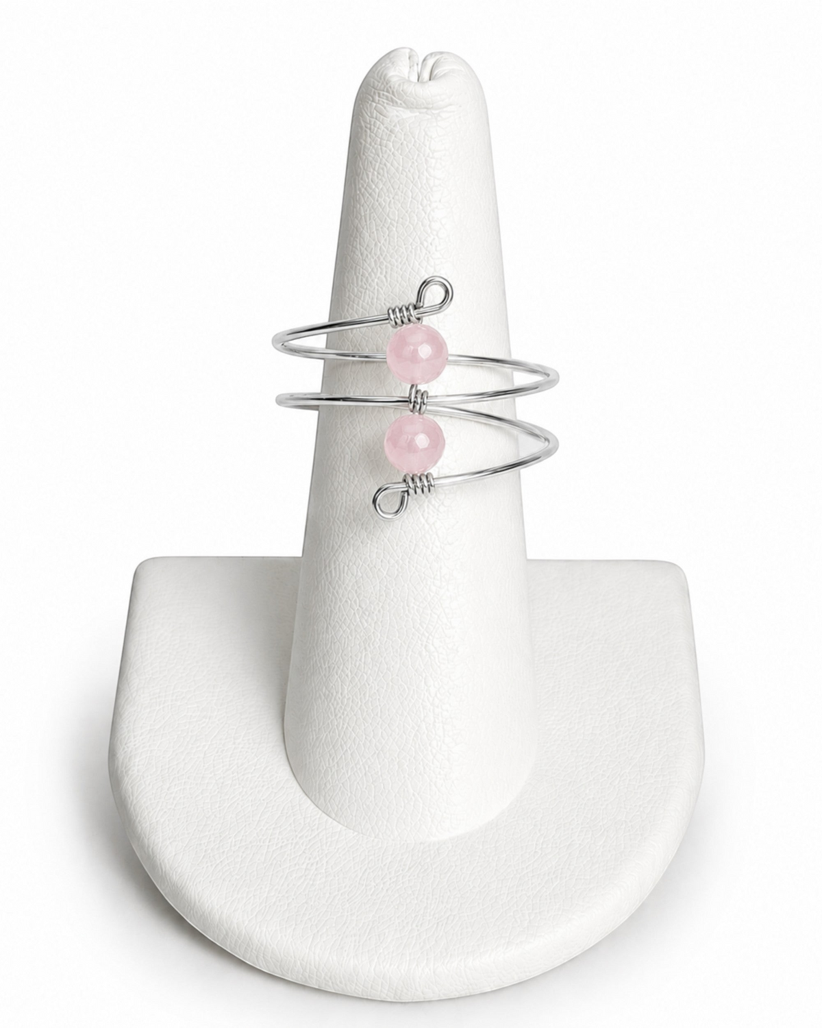 Amelia Jane Handmade Creations double bead wrap ring featuring two soft pink faceted beads on a silver wire band.