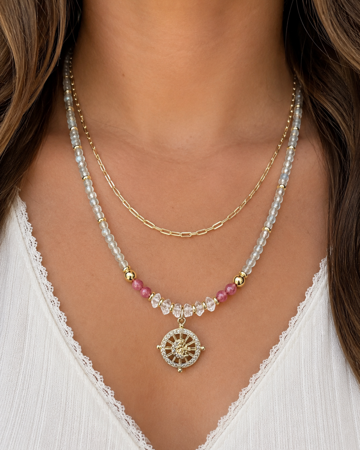 Amelia Jane Handmade Creations Pink Horizons necklace featuring aquamarine, pink tourmaline, and a gold wheel pendant.