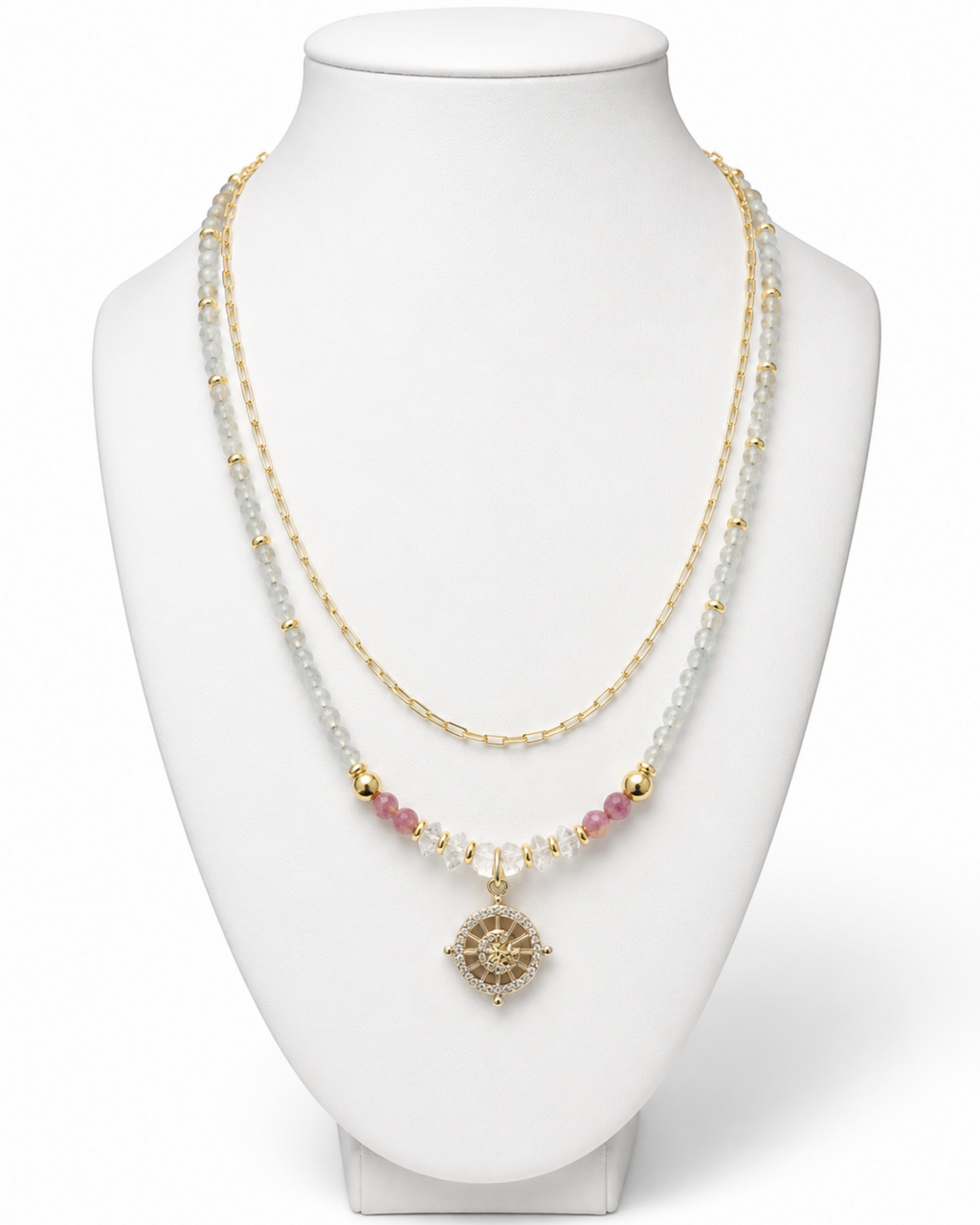 Amelia Jane Handmade Creations Pink Horizons necklace featuring aquamarine, pink tourmaline, and gold filled chain.