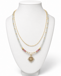 Amelia Jane Handmade Creations Pink Horizons necklace featuring aquamarine, pink tourmaline, and gold filled chain.