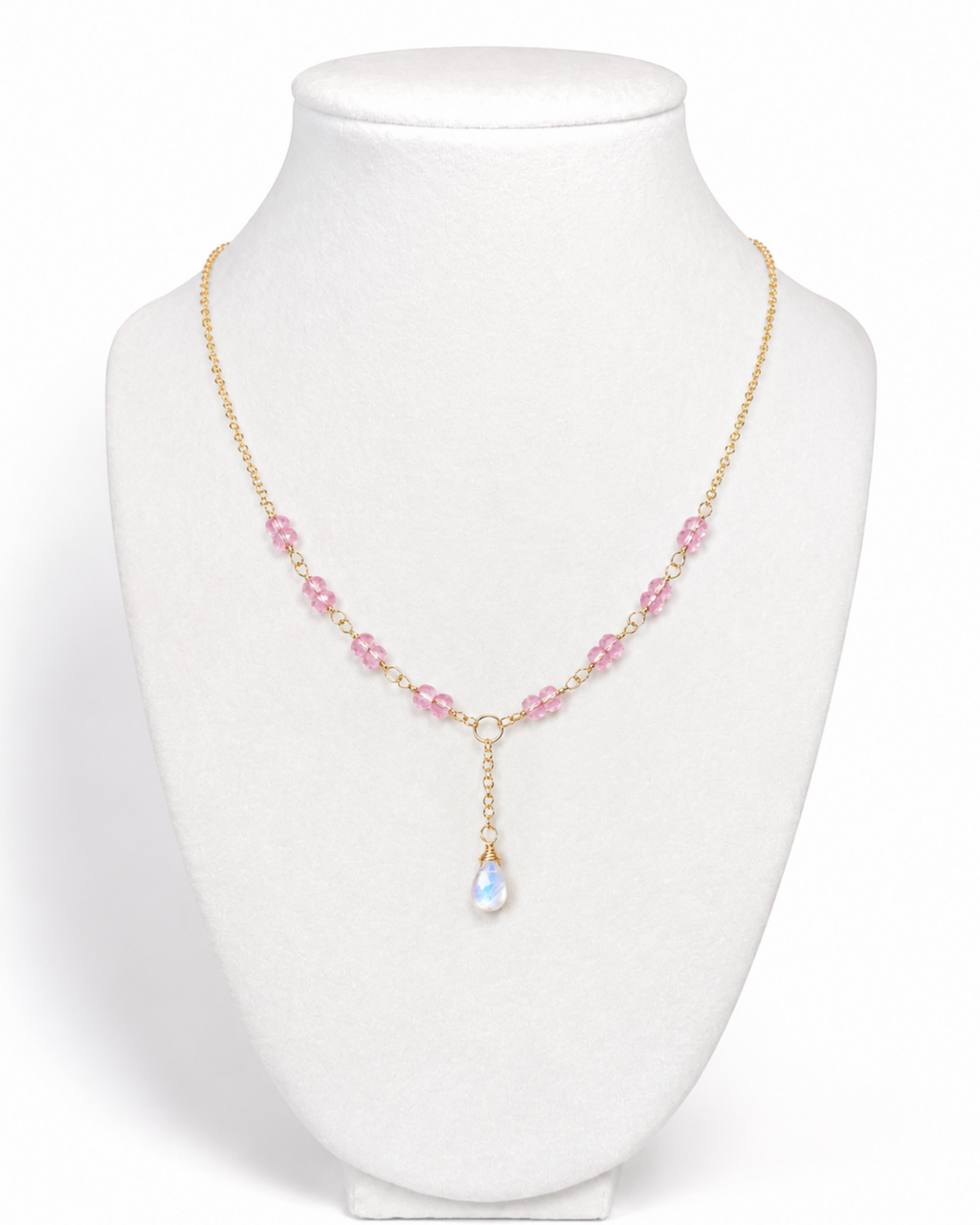 Amelia Jane Handmade Creations Mermaid’s Teardrop Necklace with pink topaz beads, moonstone, and gold filled chain.