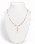Amelia Jane Handmade Creations Mermaid’s Teardrop Necklace with pink topaz beads, moonstone, and gold filled chain.