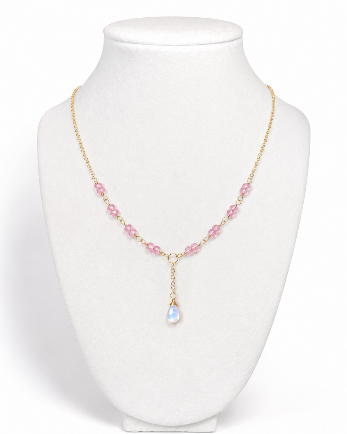 Amelia Jane Handmade Creations Mermaid’s Teardrop Necklace with pink topaz beads, moonstone, and gold filled chain.