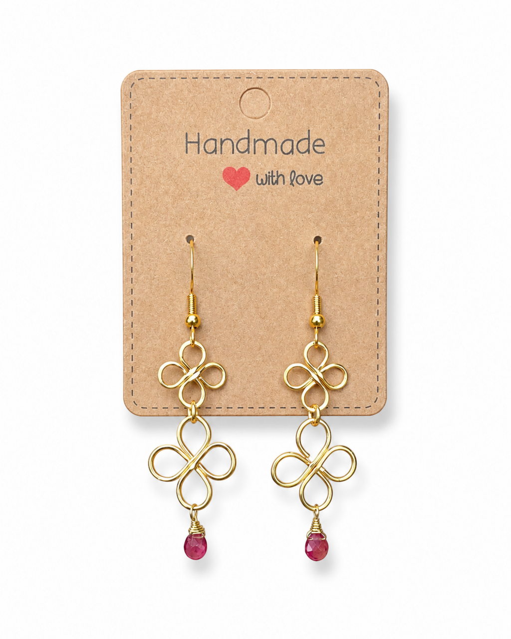 Amelia Jane Handmade Creations gold wire dangle earrings with pink tourmaline drops on a handmade display card