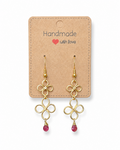 Amelia Jane Handmade Creations gold wire dangle earrings with pink tourmaline drops on a handmade display card