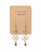 Amelia Jane Handmade Creations gold wire dangle earrings with pink tourmaline drops on a handmade display card
