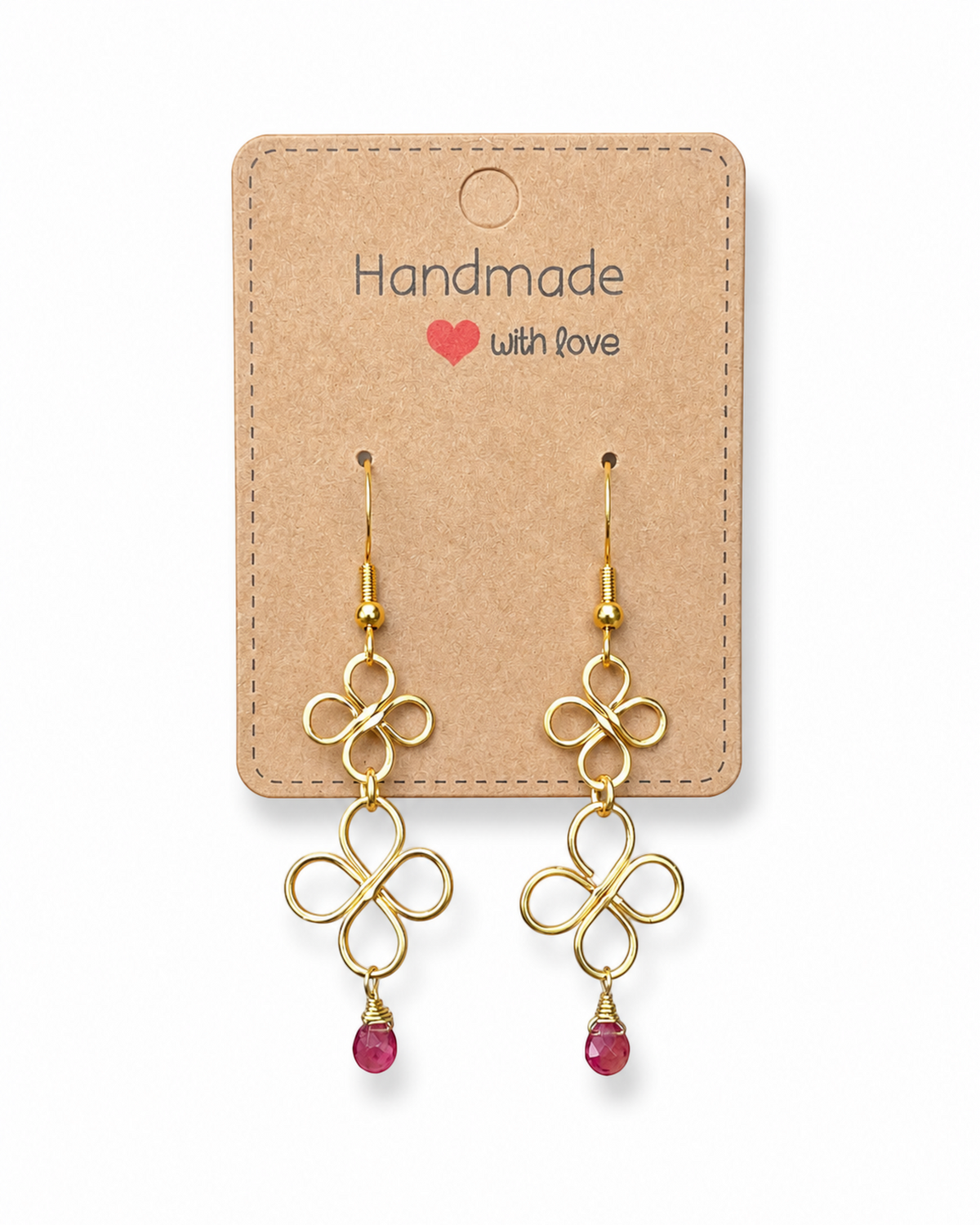Amelia Jane Handmade Creations gold wire dangle earrings with pink tourmaline drops on a handmade display card
