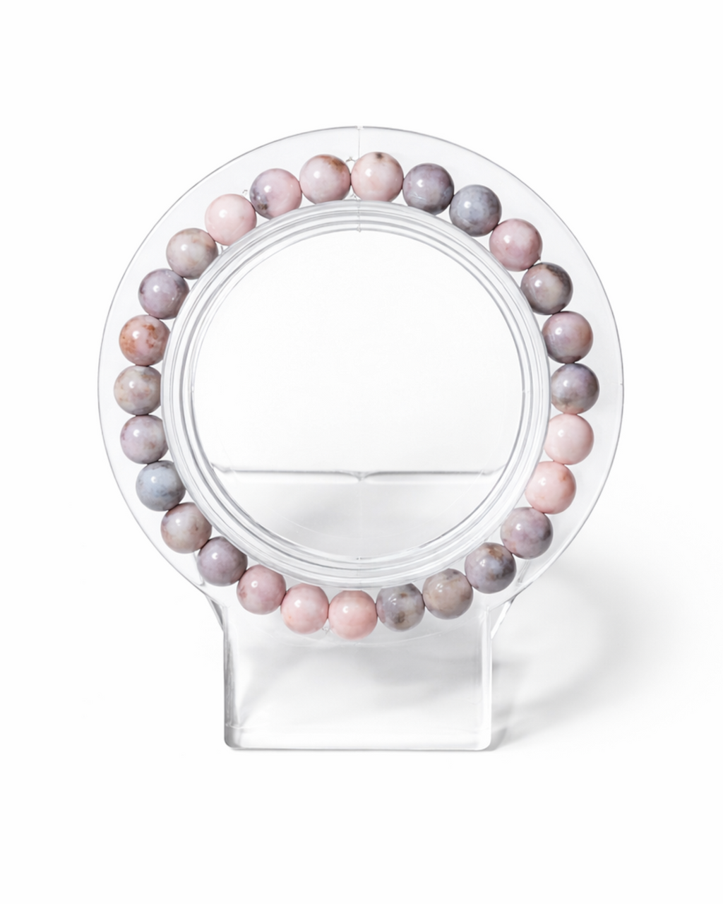 Amelia Jane Handmade Creations 7-inch Pink Zebra Jasper beaded bracelet on a clear acrylic display stand.