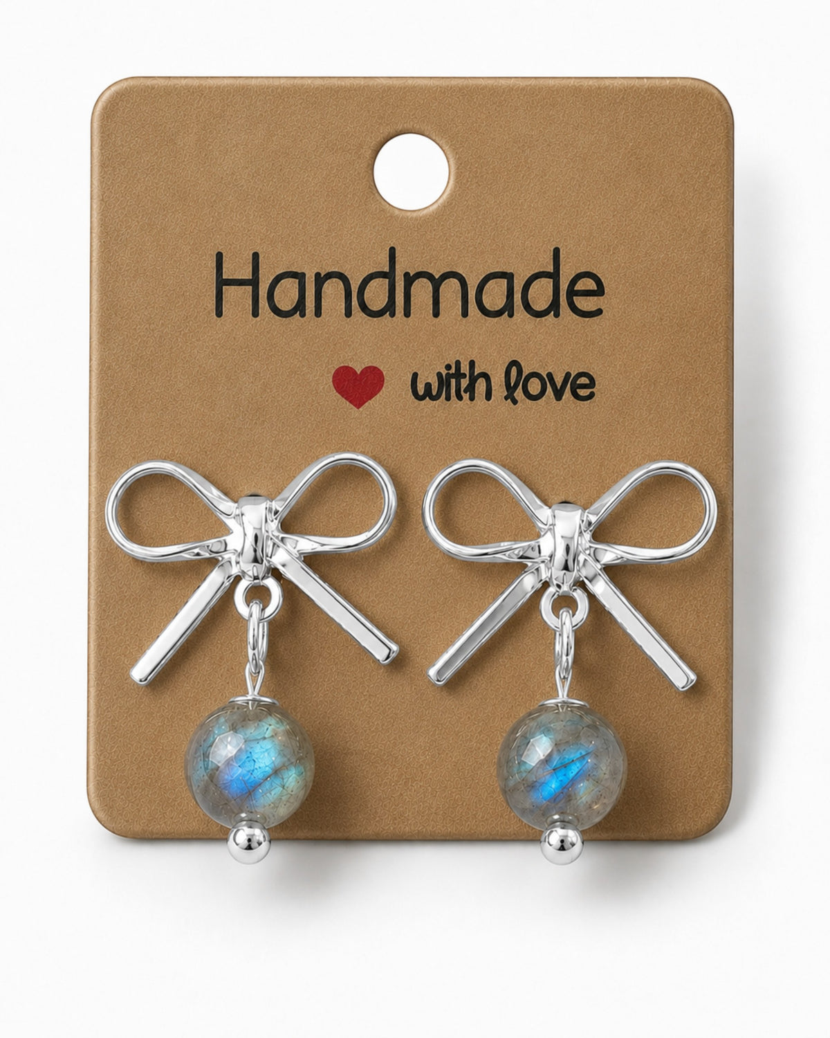 Amelia Jane Handmade Creations platinum plated bow stud earrings with dangling iridescent labradorite beads