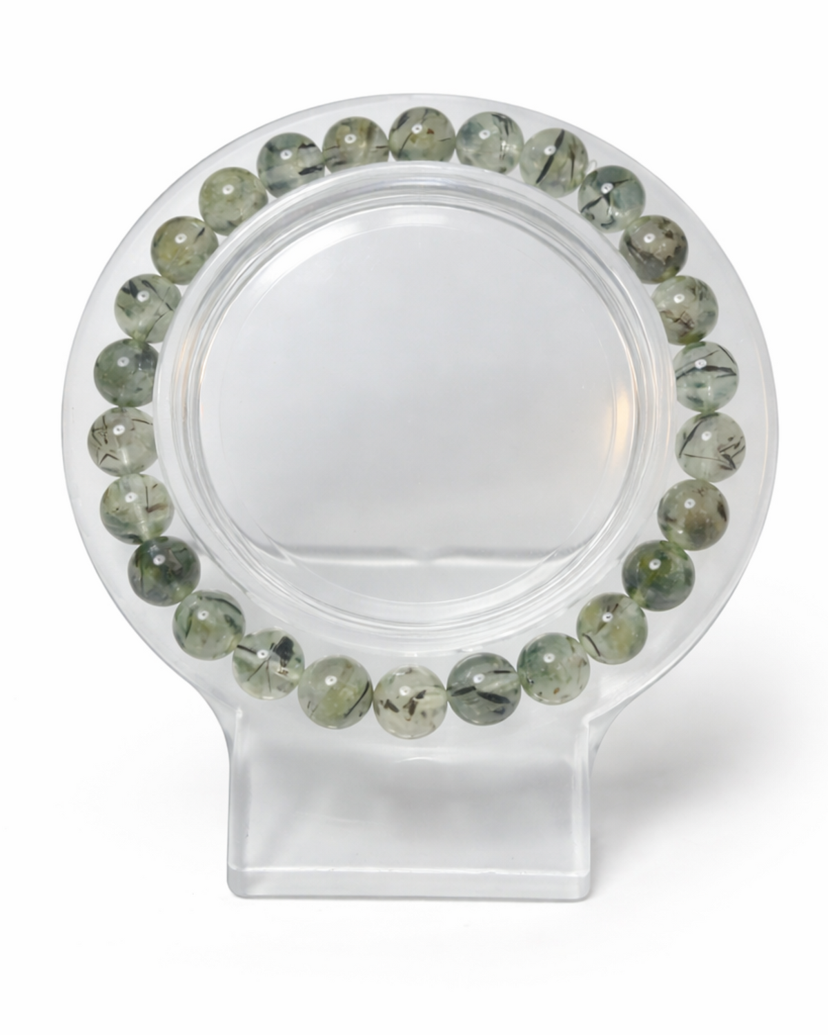 Amelia Jane Handmade Creations 7-inch beaded bracelet featuring translucent green prehnite stones with black inclusions