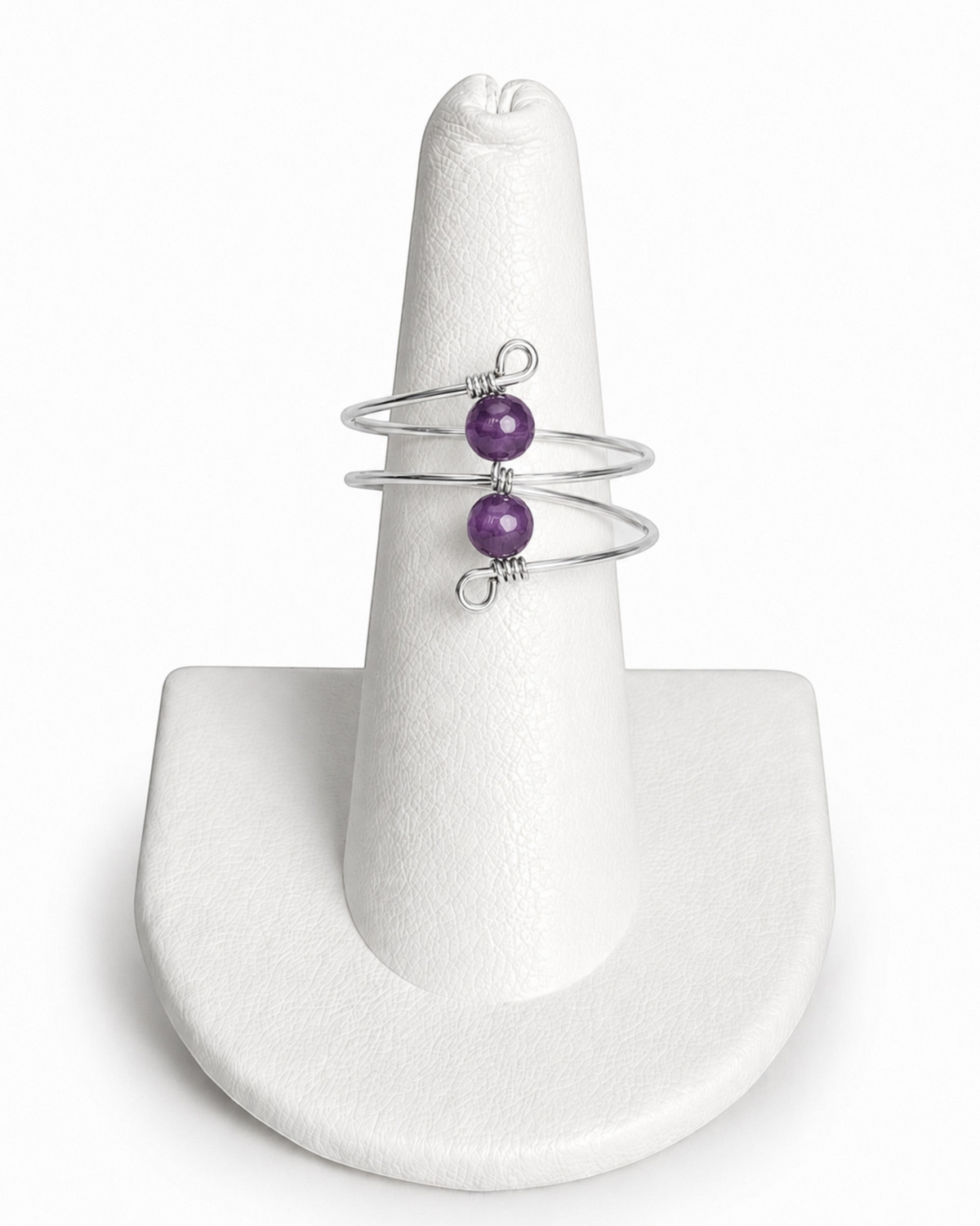 Amelia Jane Handmade Creations double bead wrap ring featuring two purple faceted amethyst beads on silver wire