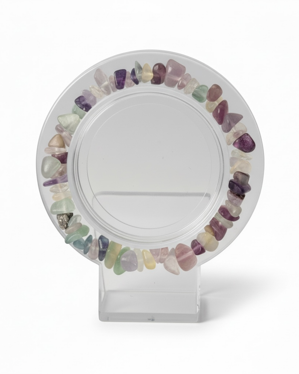 Amelia Jane Handmade Creations 7-inch rainbow fluorite chip bracelet featuring multi-colored polished gemstone beads.