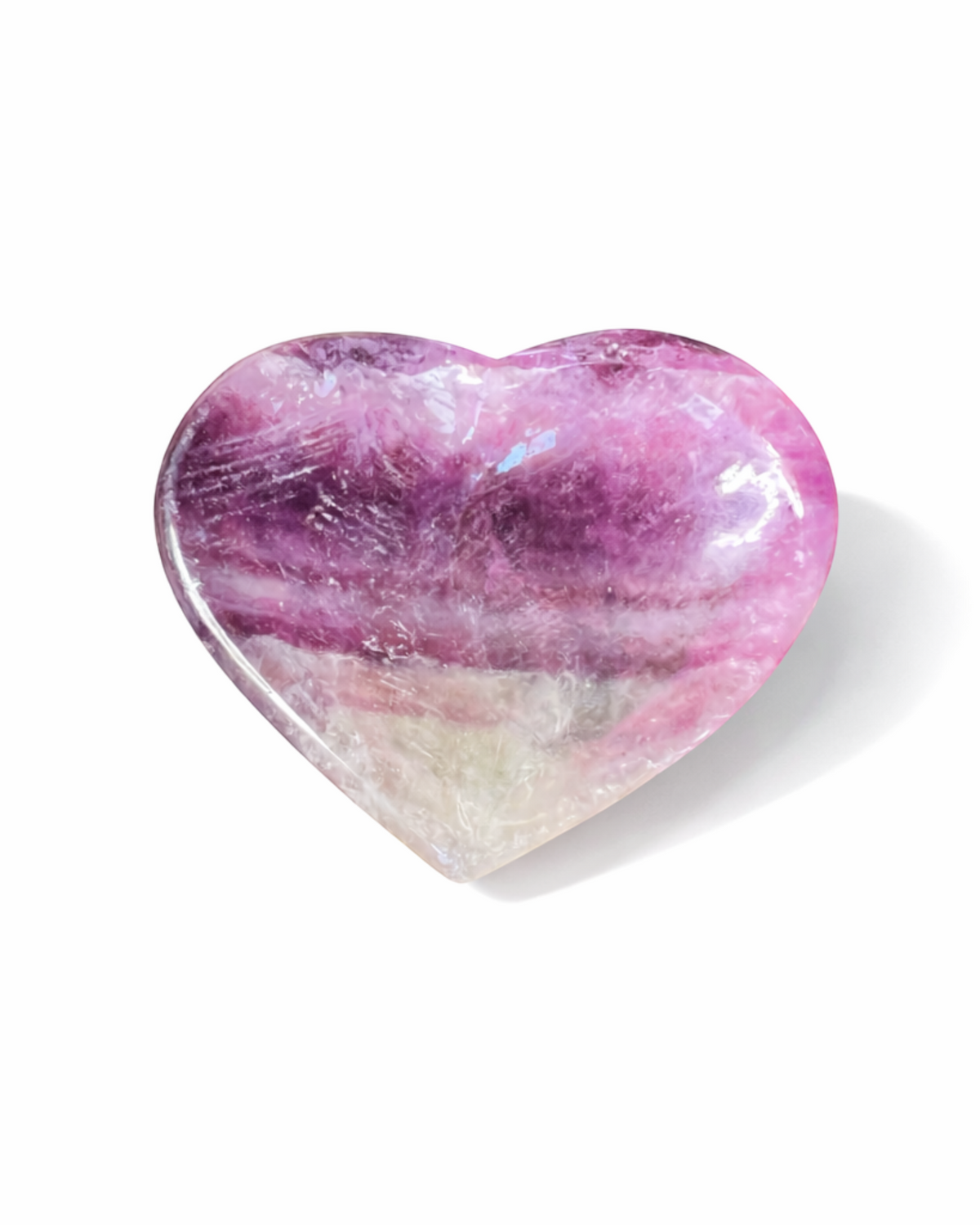Amelia Jane Handmade Creations polished rainbow fluorite heart dish with purple, lavender, and white crystal banding.