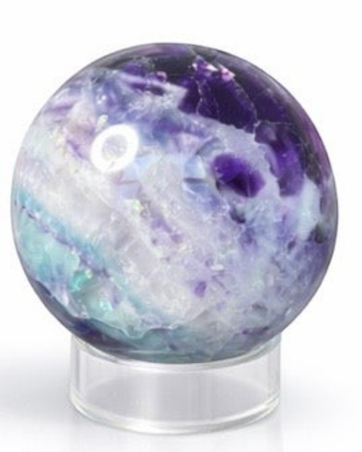 Amelia Jane Handmade Creations 2-inch polished rainbow fluorite sphere with purple, green, and clear crystal banding.