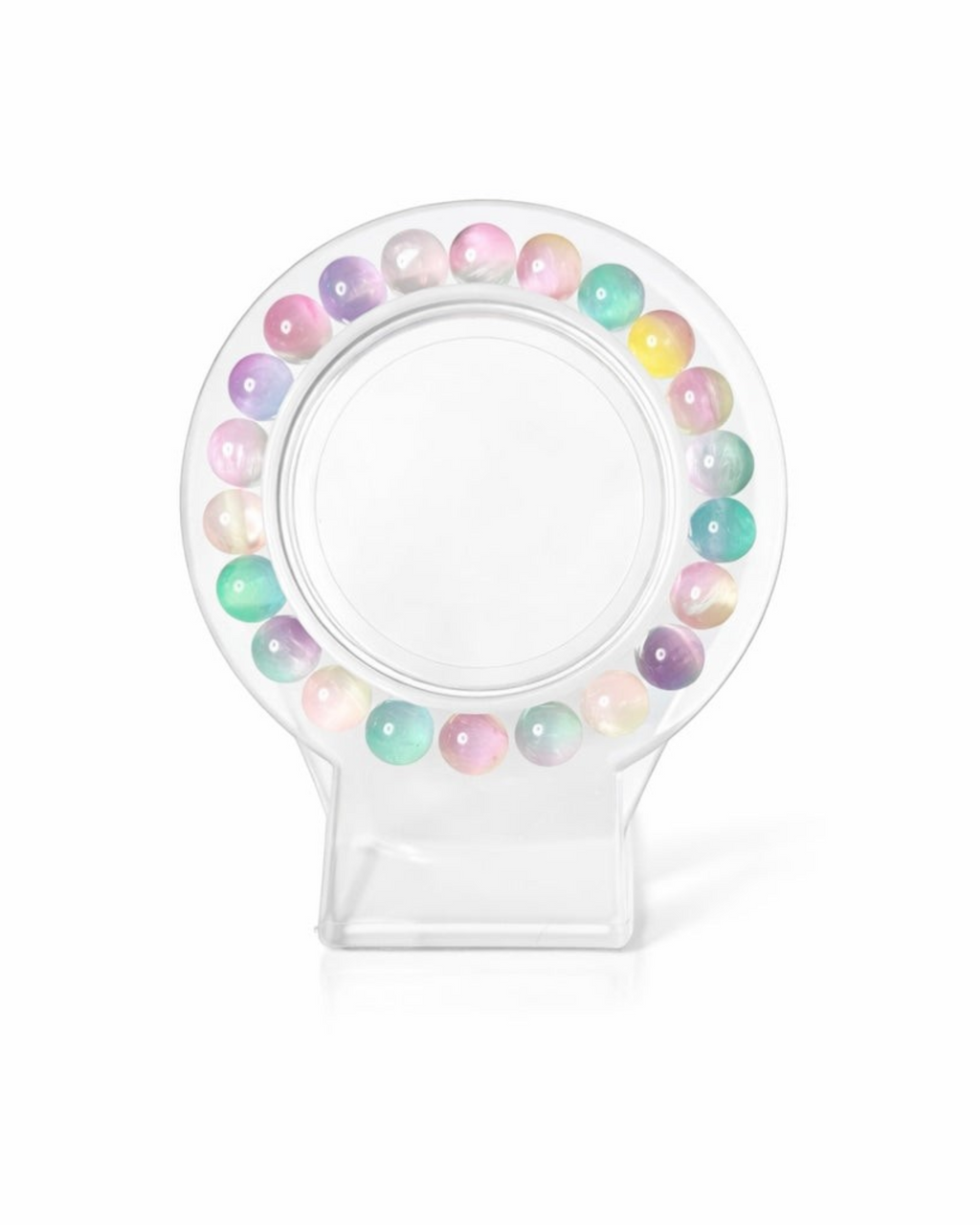 Amelia Jane Handmade Creations 7-inch rainbow selenite beaded bracelet displayed on a clear circular stand.