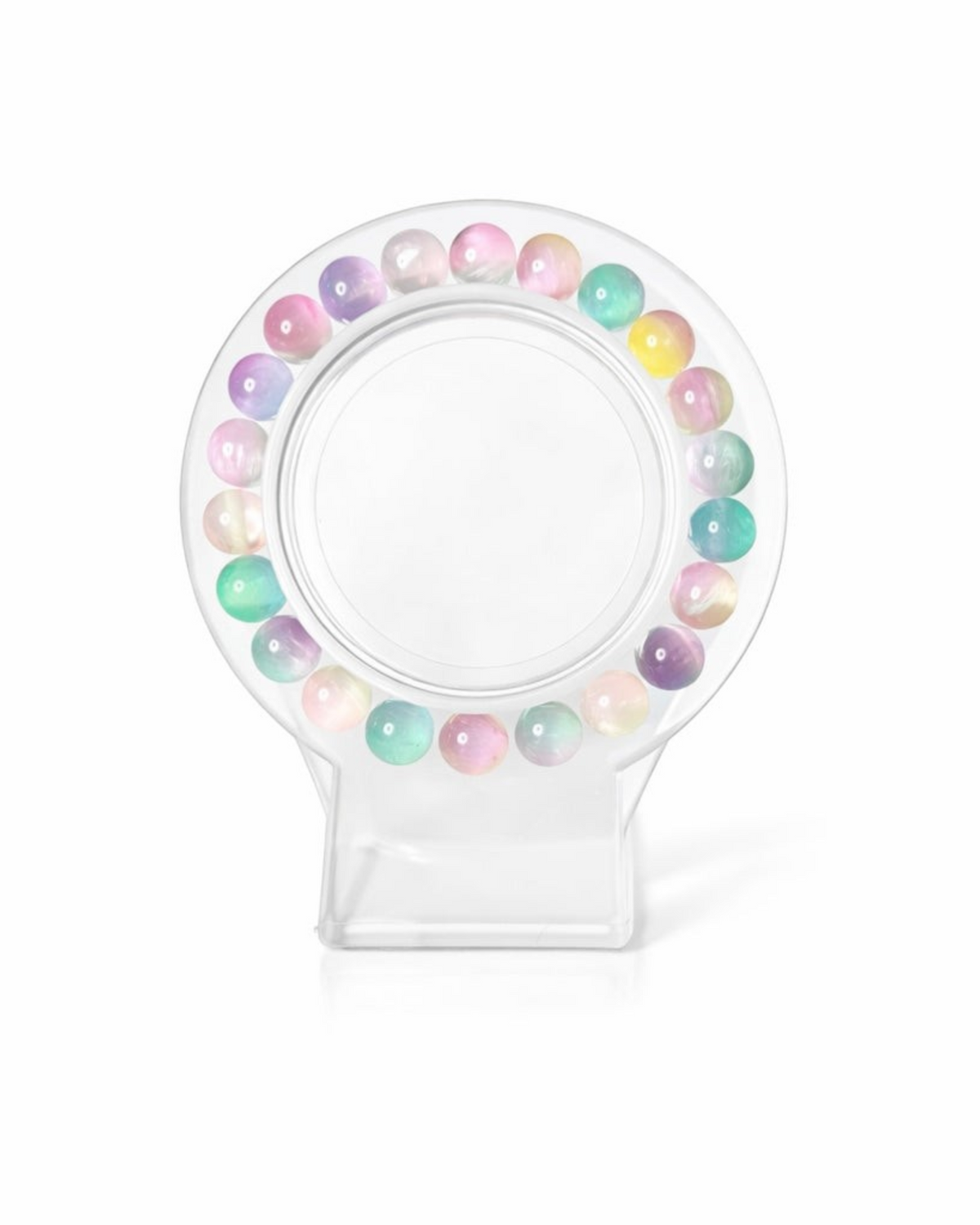 Amelia Jane Handmade Creations 7-inch rainbow selenite beaded bracelet displayed on a clear circular stand.