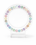 Amelia Jane Handmade Creations 7-inch rainbow selenite beaded bracelet on a clear circular display stand
