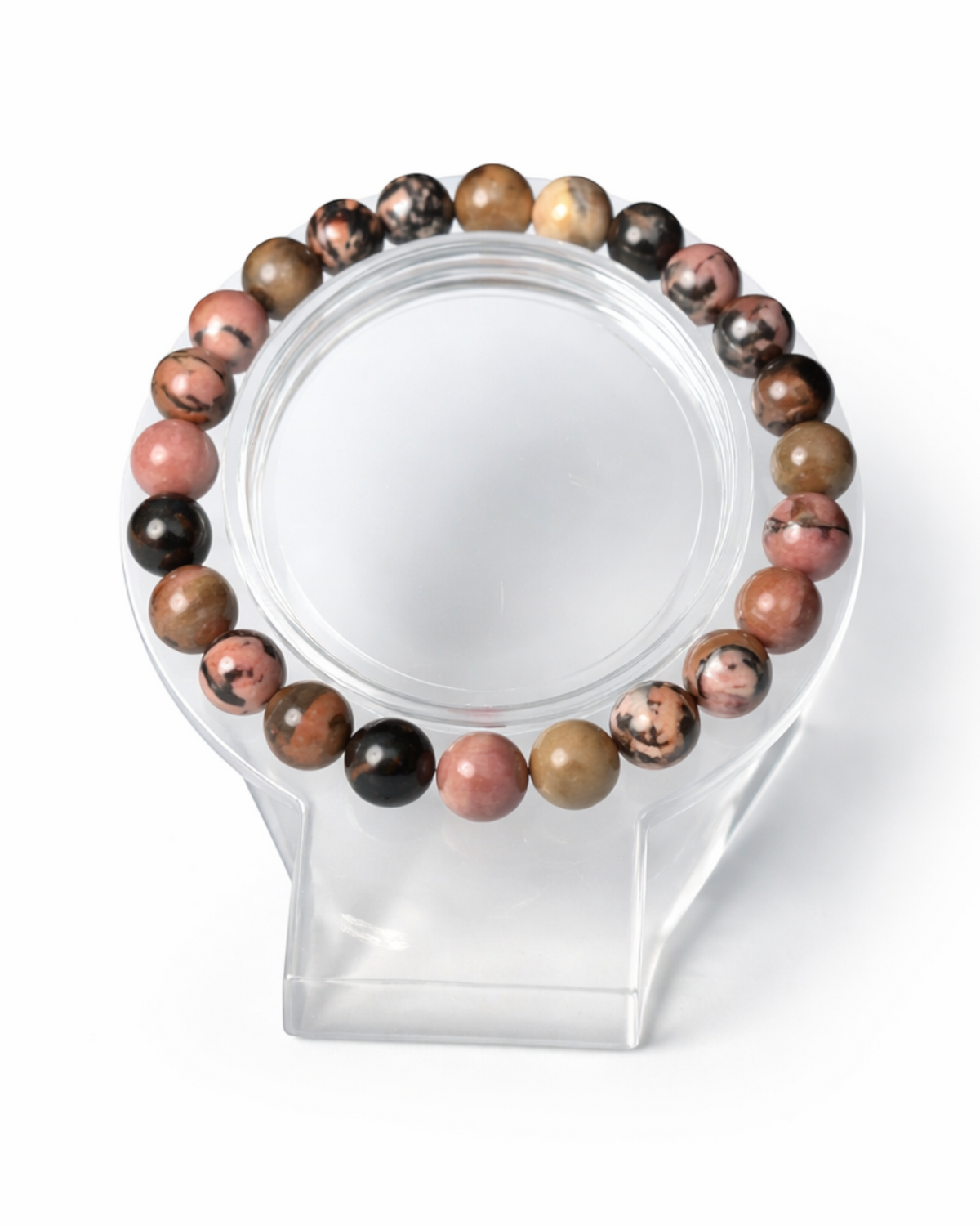 Amelia Jane Handmade Creations 7-inch rhodonite beaded bracelet with natural pink, black, and tan stone patterns