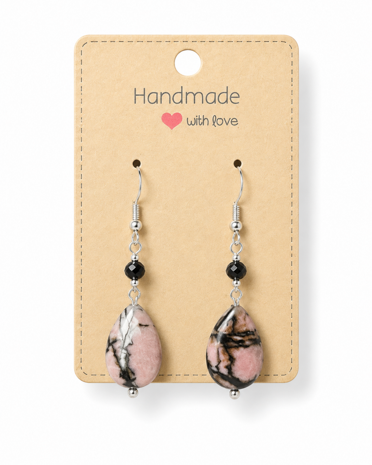 Amelia Jane Handmade Creations rhodonite teardrop earrings with black beads and S925 sterling silver posts